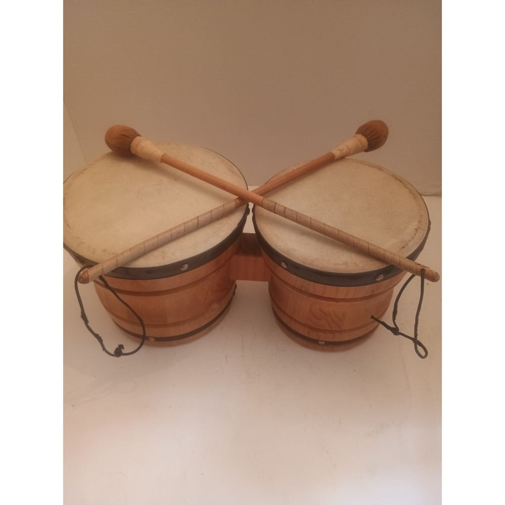 Vintage Wood Bongo Drums Pair Toy Musical Instrument Made In Mexico 6.5 & 7.5"
